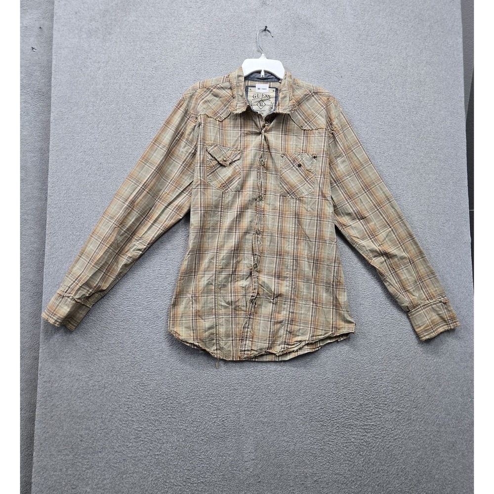 GUESS Men Button Up Shirt XL Beige Plaid Western Pearl Snap Raw Hem Long Sleeve